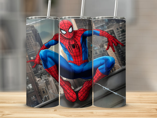 Spiderman crouching on a skyscraper ledge against a city background.