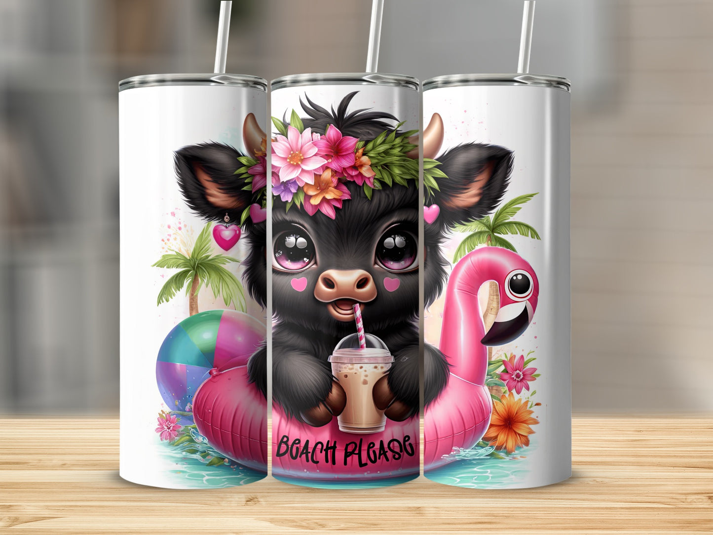 Cute cow in flower crown on inflatable flamingo with "Beach Please" text.