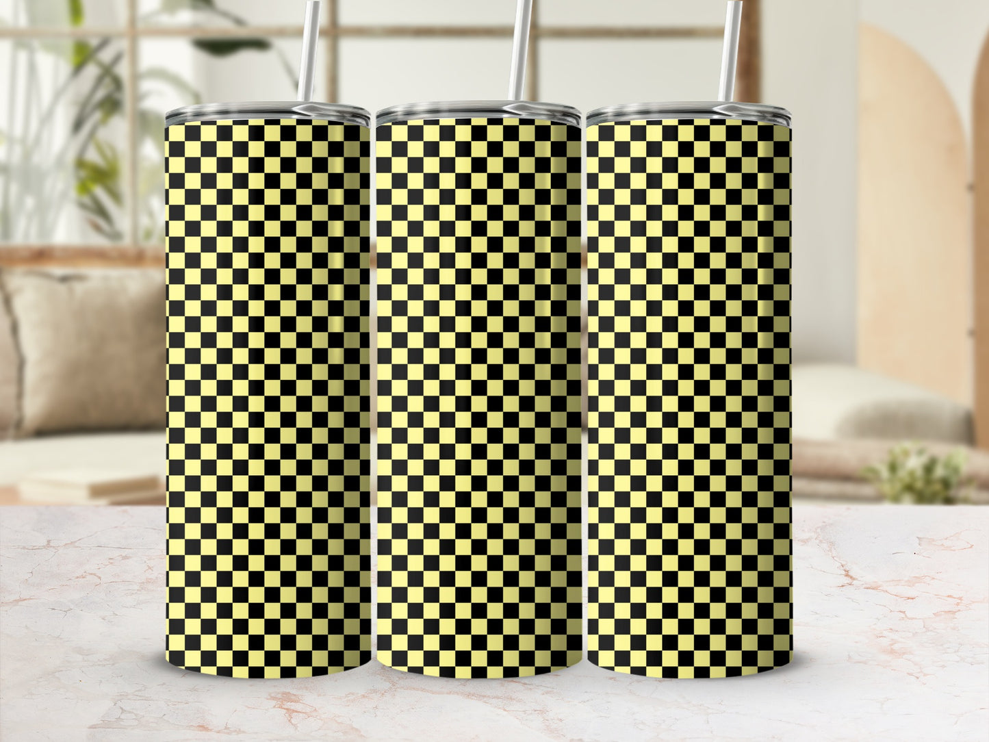 Three tumblers with a yellow and black checkerboard pattern.