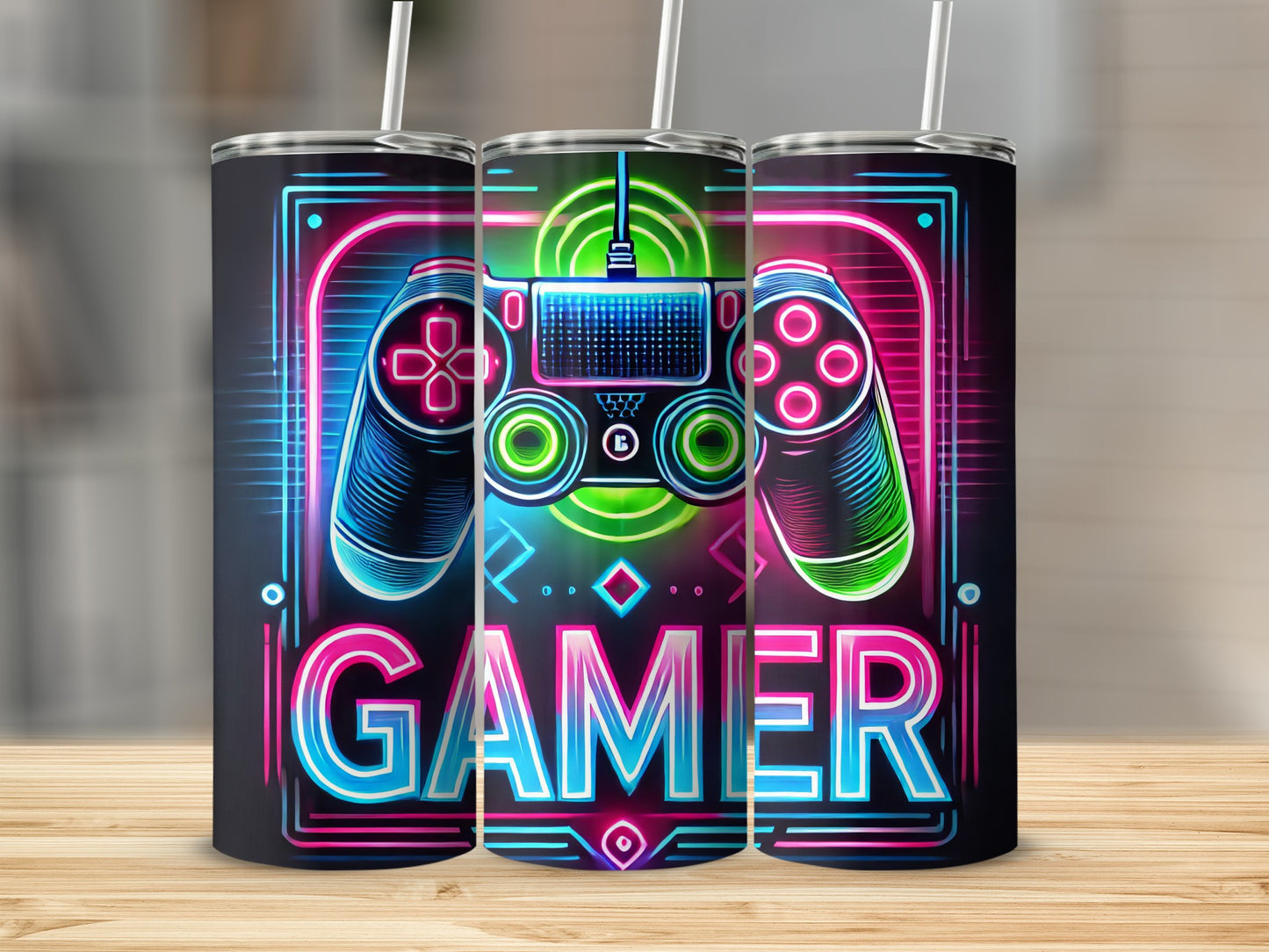 Neon gamer controller and text on three tumblers.
