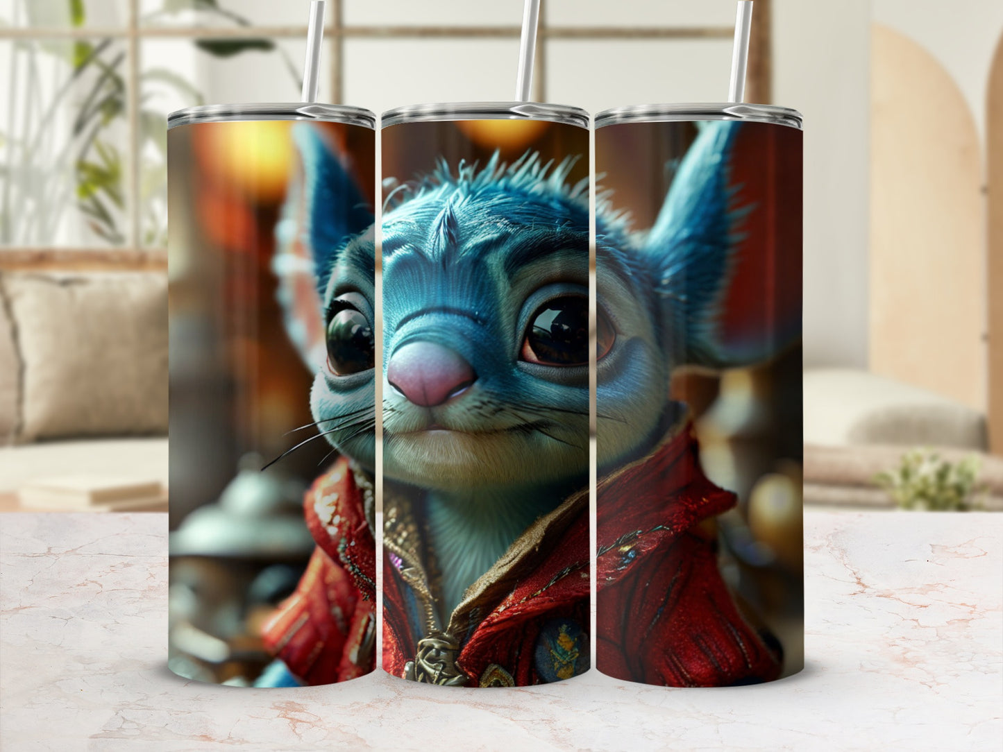 Three tumblers with a blue alien character in a red jacket.