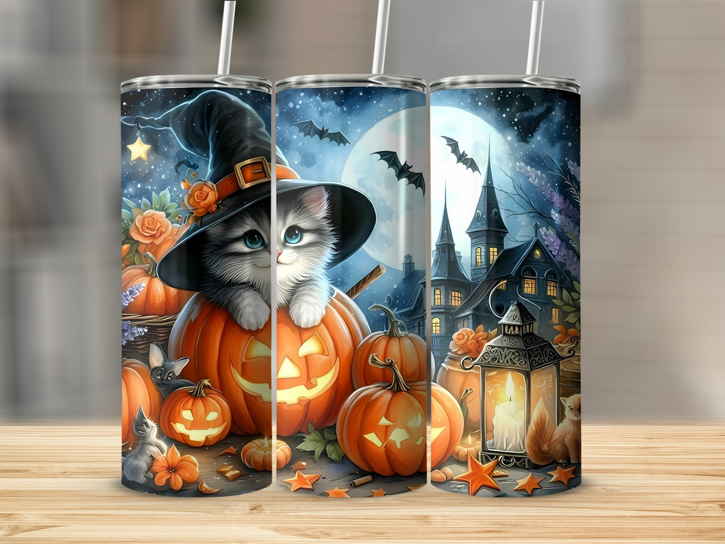 Halloween tumblers with witch cat, pumpkins, spooky house, and full moon.