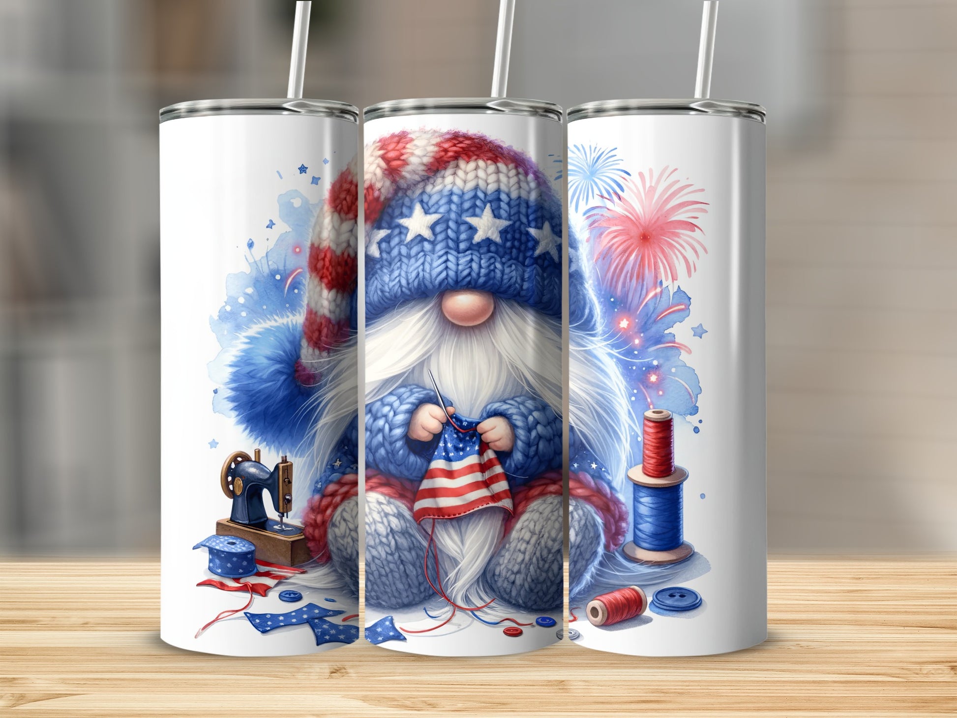 Gnome knitting American flag with sewing machine and thread.