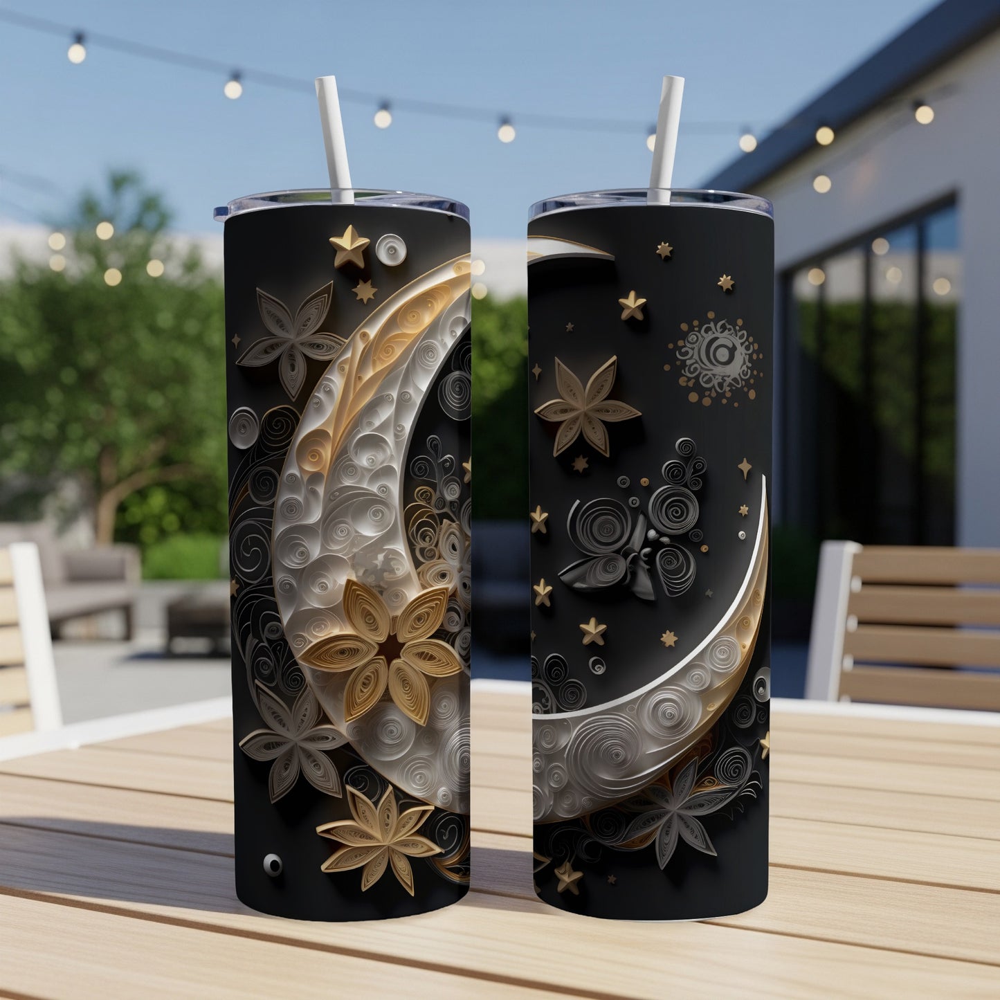 Two tumblers with crescent moon and star floral design.