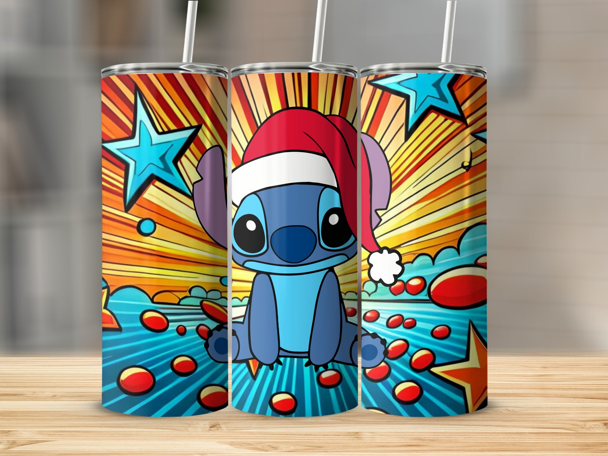 Festive Cartoon Character Print with Burst Design Tumbler