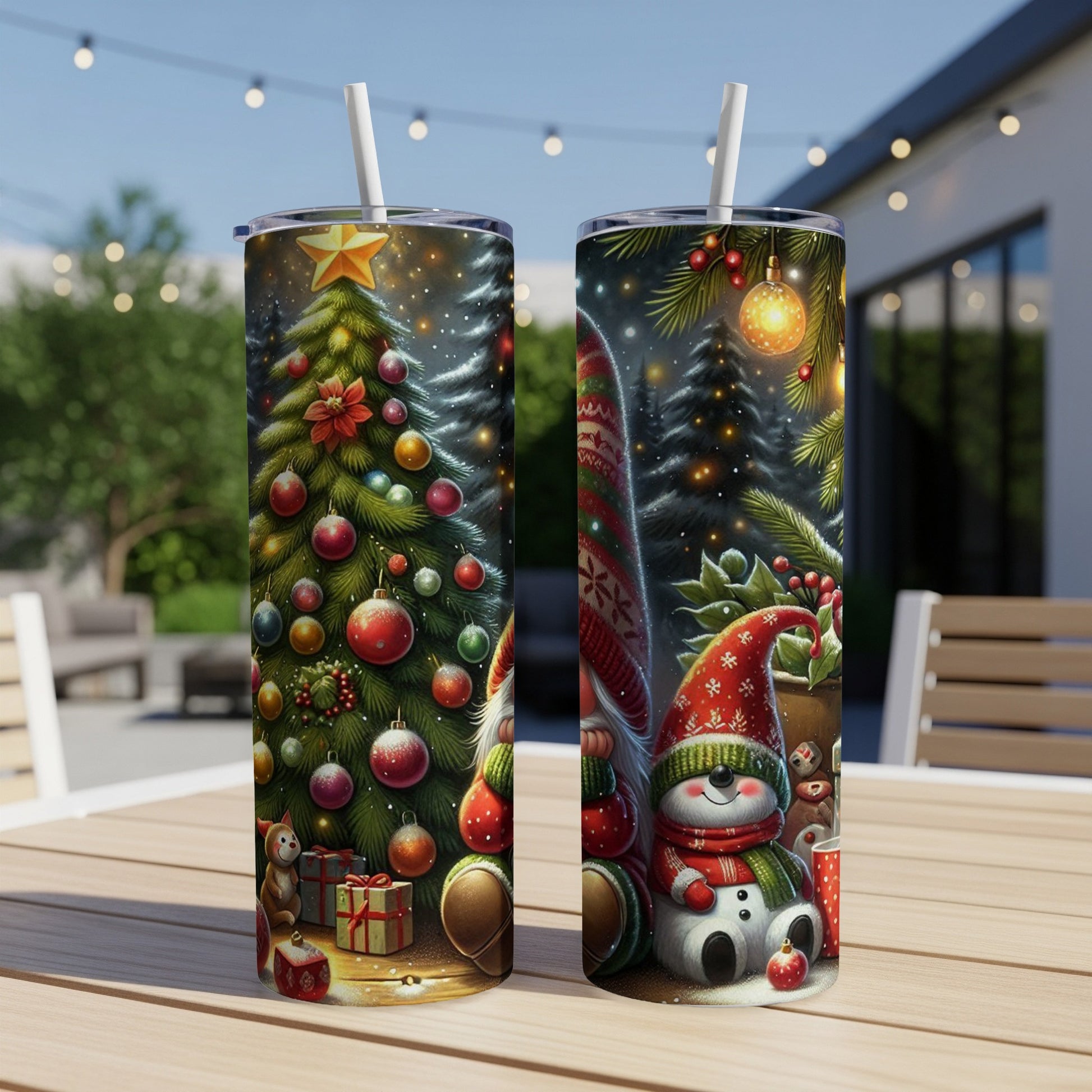 Two Christmas-themed tumblers featuring a decorated tree and a snowman with gifts.