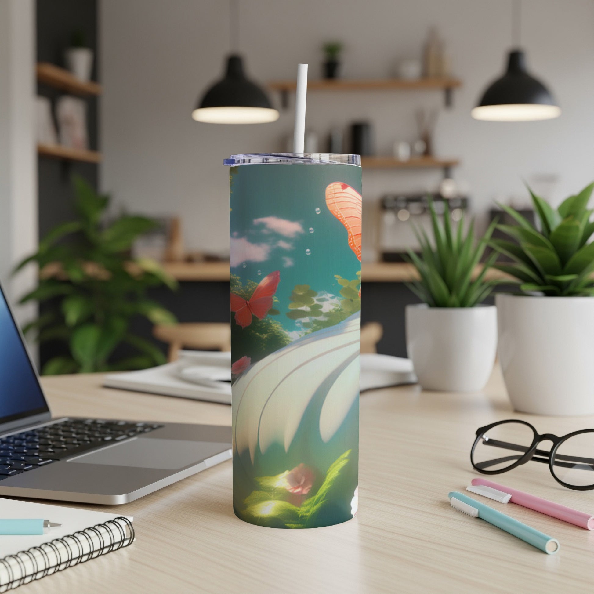 Tall tumbler with whimsical butterfly and floating orb design.