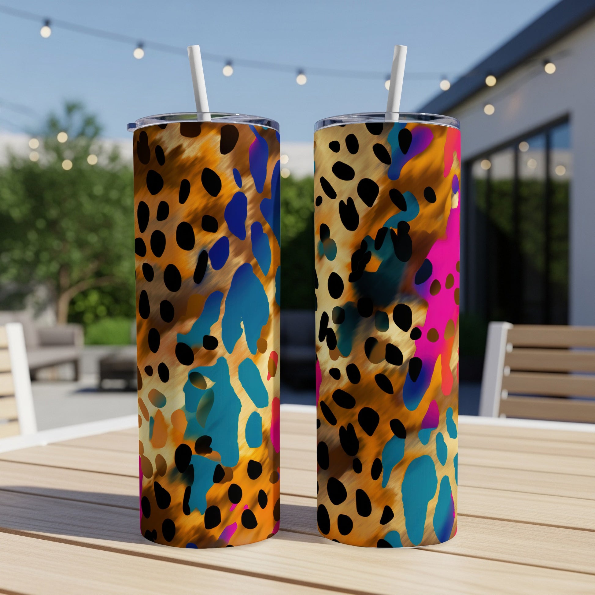 Two tall tumblers with colorful abstract leopard print design.