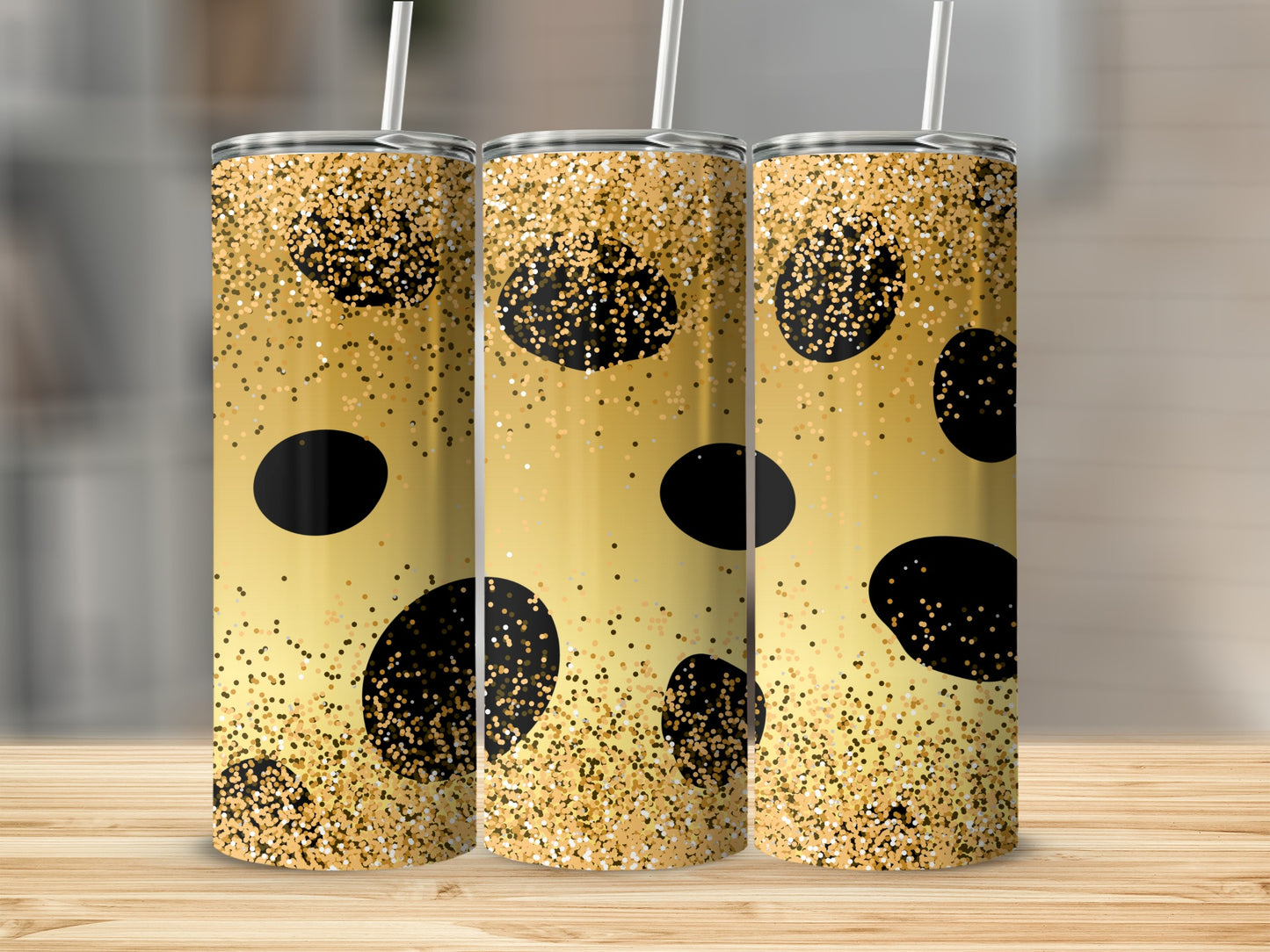 Glitter Gold and Black Polka Dot Tumbler Cup Design