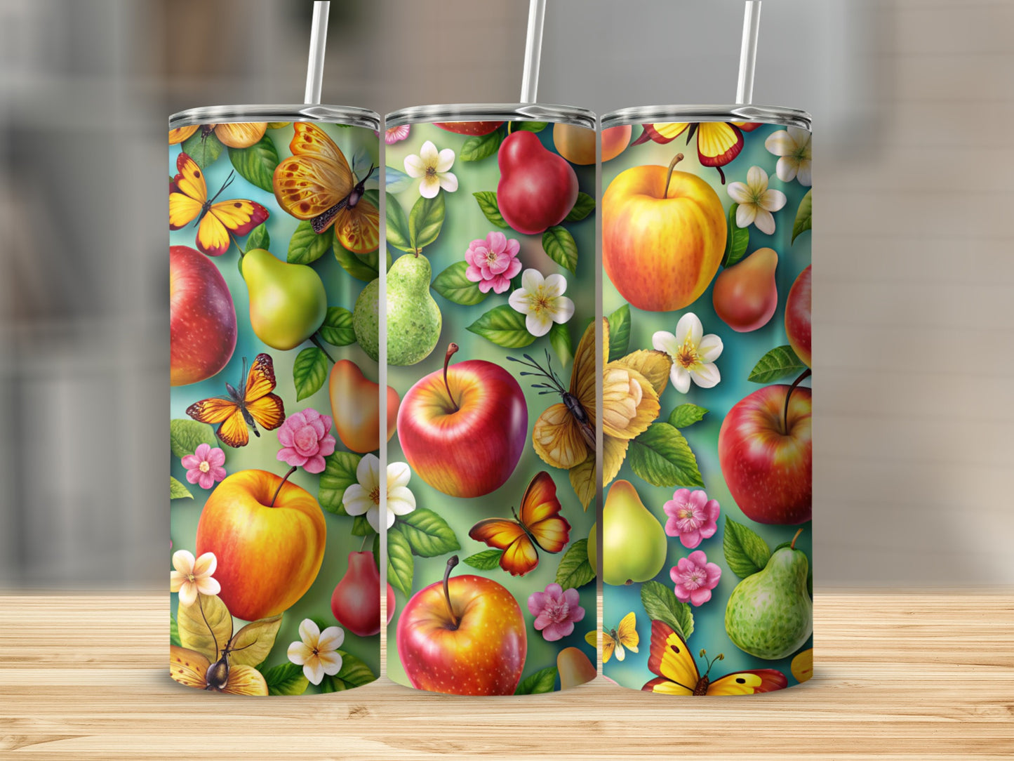 Pattern of apples, pears, and butterflies on a tumbler.
