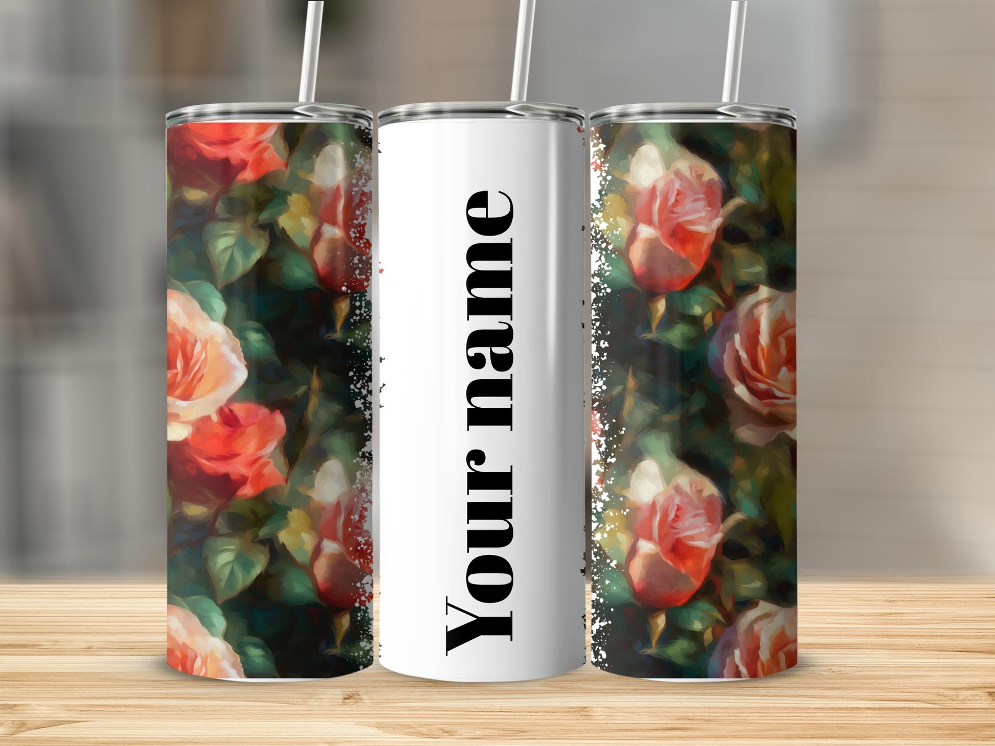 Personalized Floral Rose Pattern Your Name Tumbler