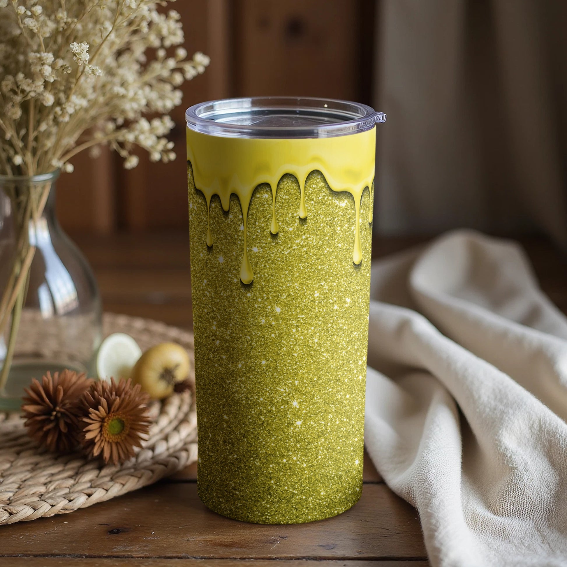 Green Glitter with Yellow Drips Insulated Tumbler