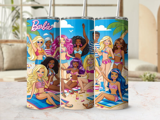 Barbie characters in swimwear on beach towels under palm trees.