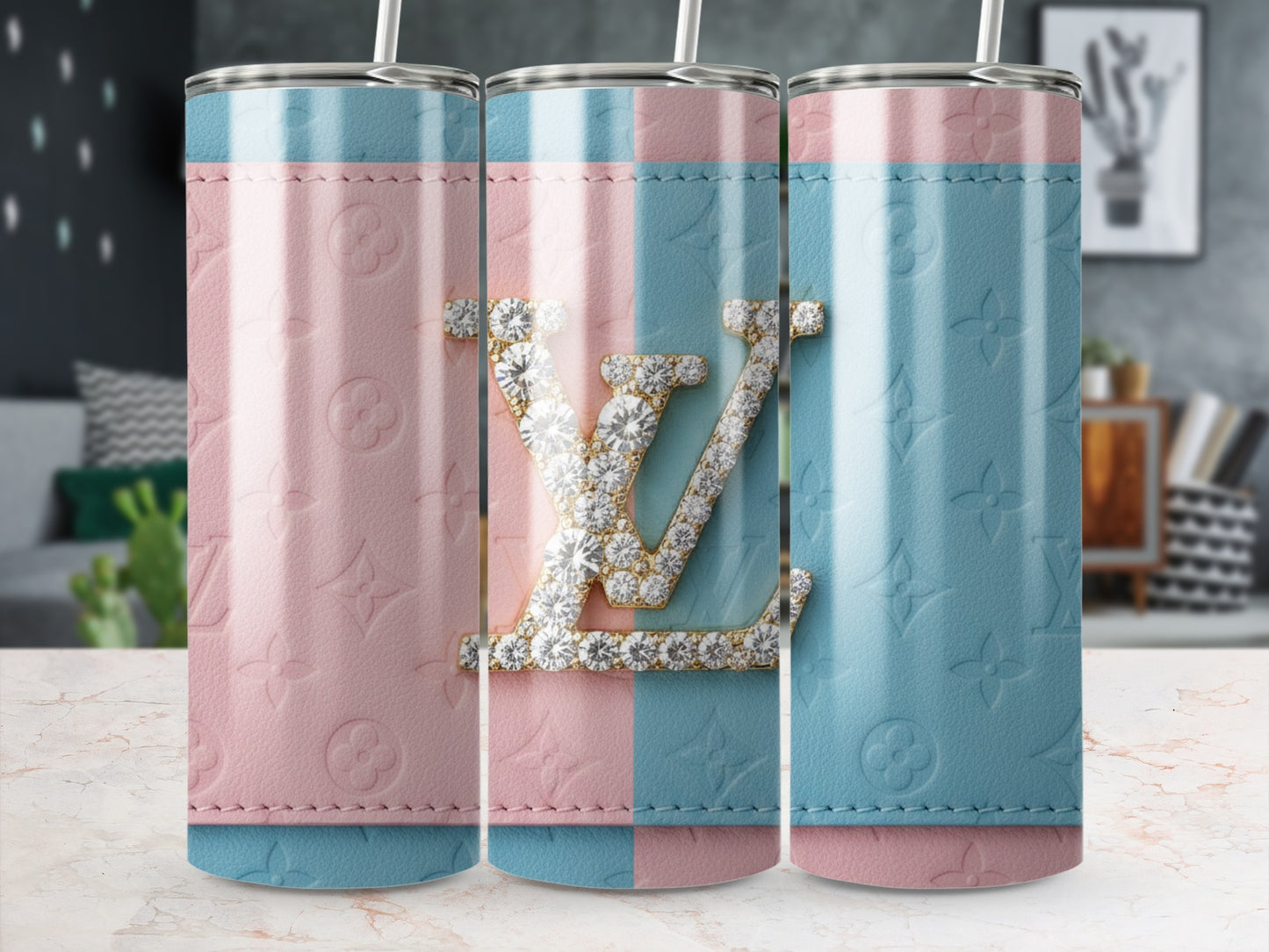 Pink and Blue Monogram Glitter Initial Insulated Tumbler