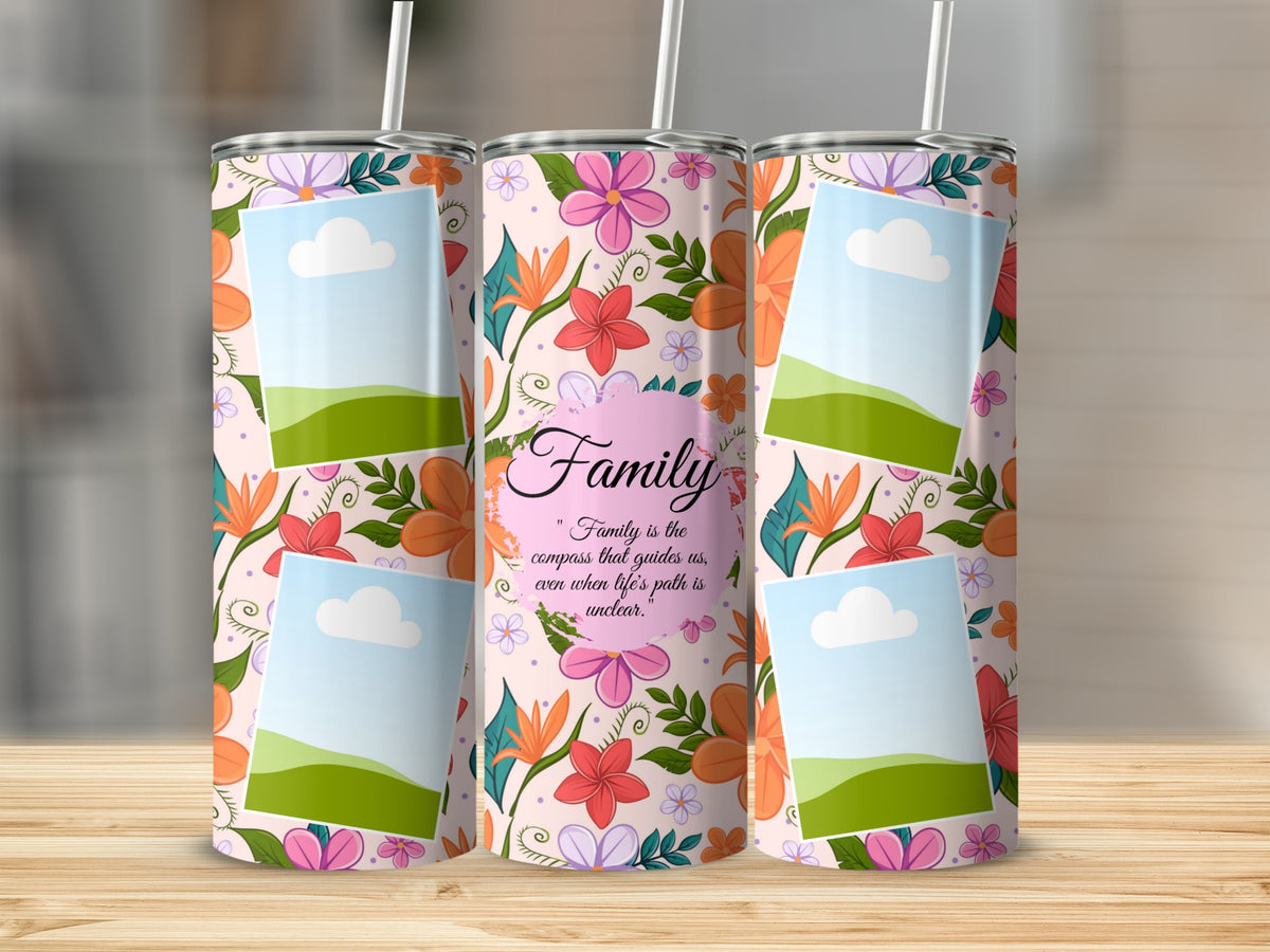 Floral tumbler with "Family" quote and picture frames.