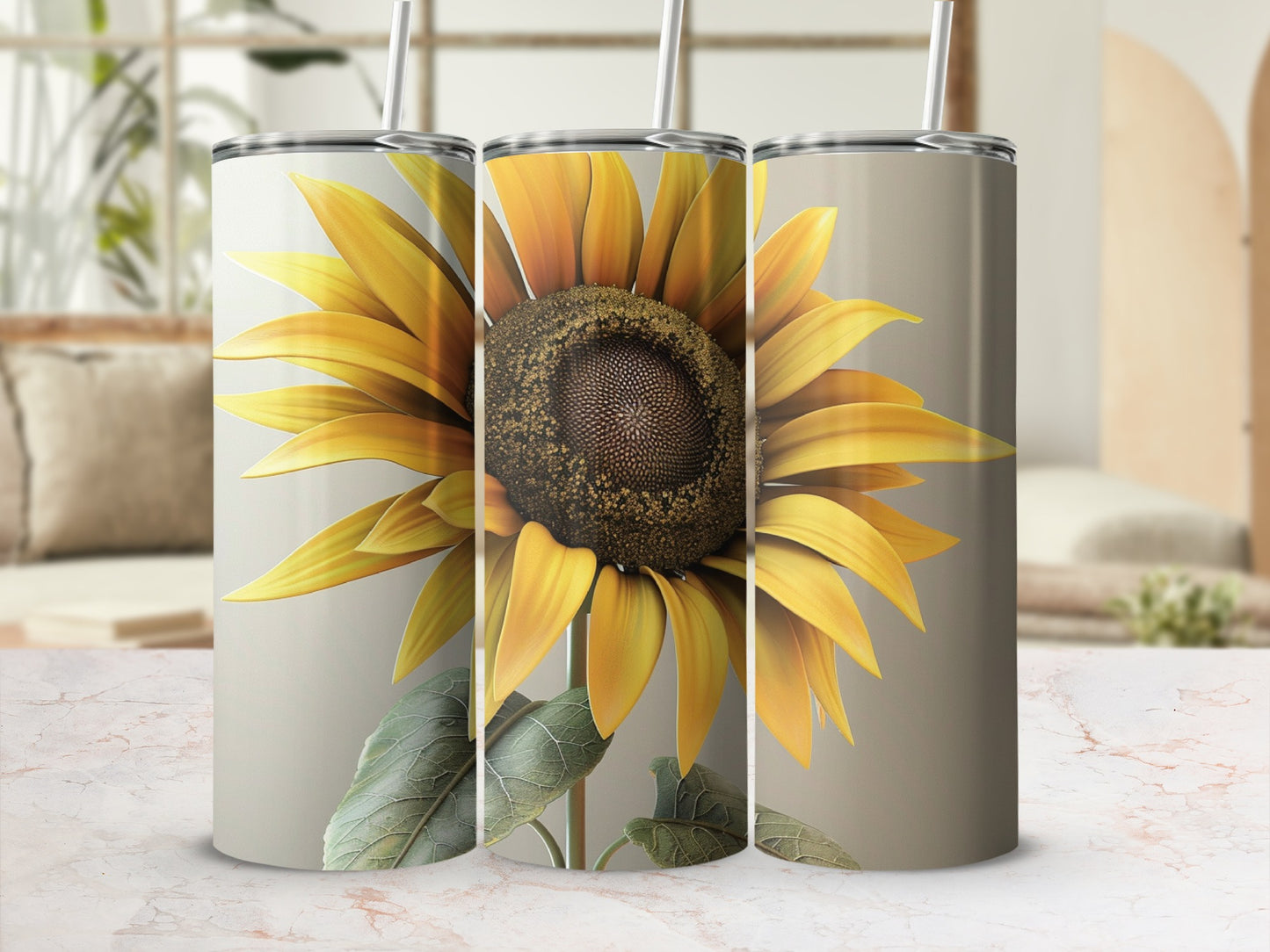 Three tumblers featuring a large sunflower with detailed petals and leaves.