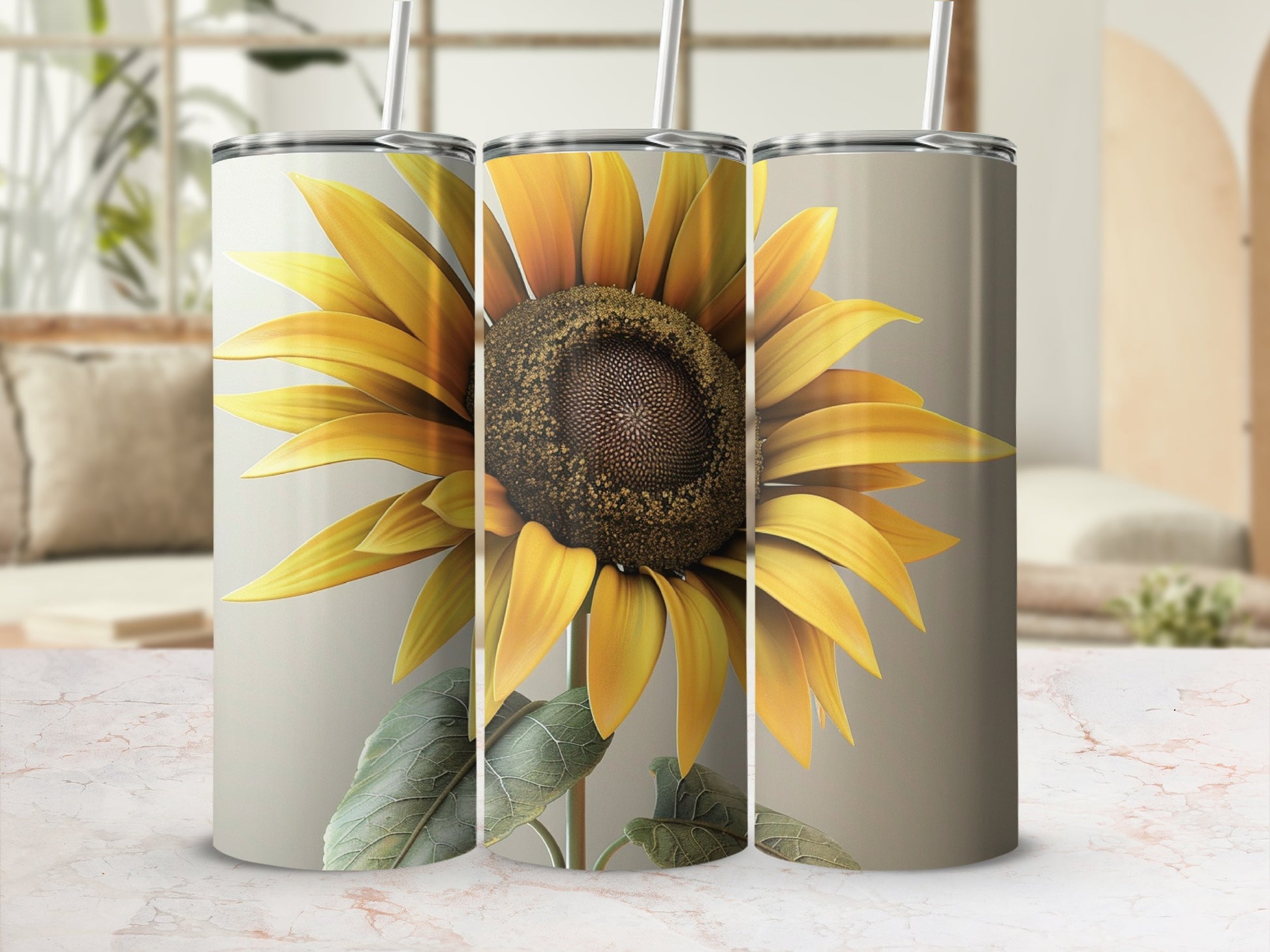 Three tumblers featuring a large sunflower with detailed petals and leaves.