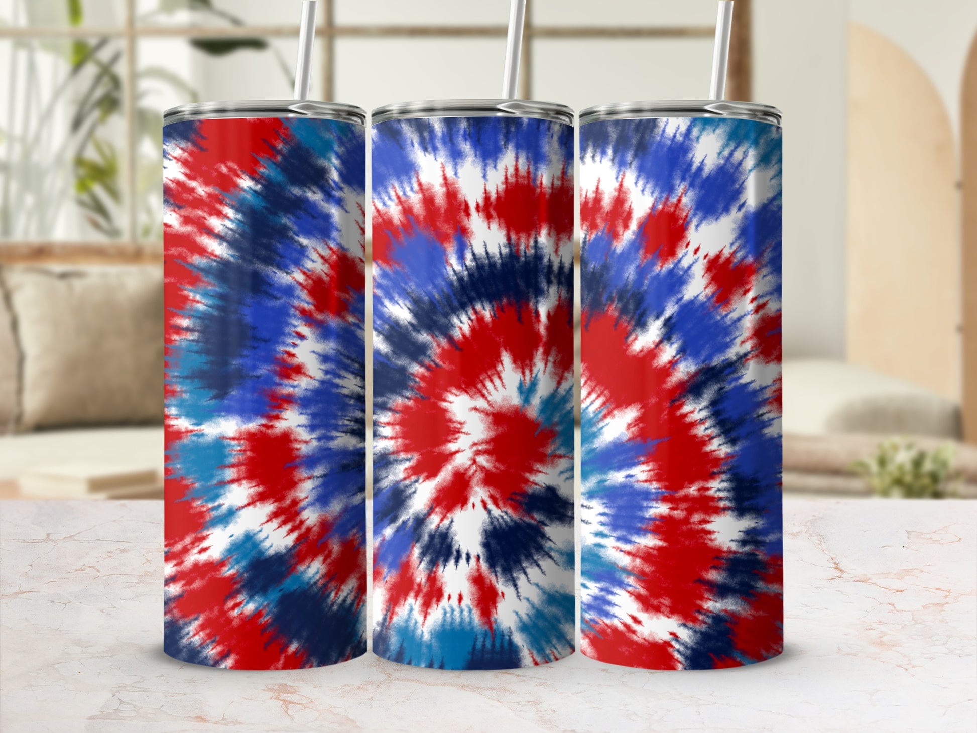 Three tumblers with red, white, and blue tie-dye pattern.