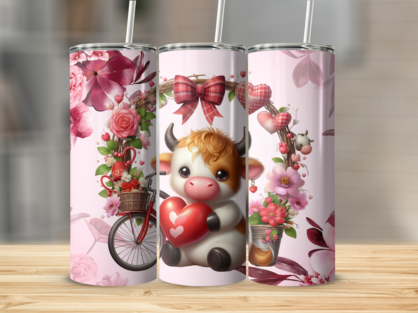 Cute Valentines Day Cow and Floral Skinny Tumblers