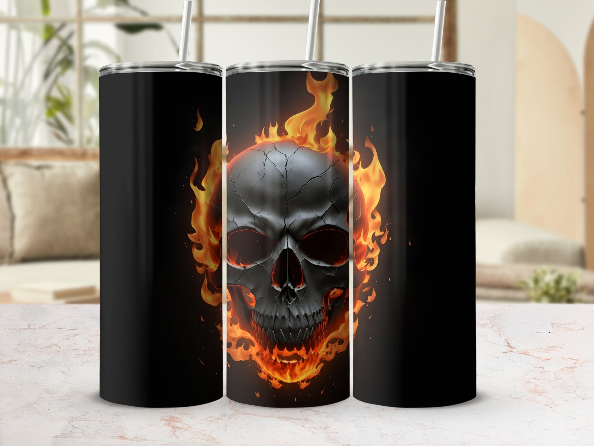 Black tumbler with flaming skull design.