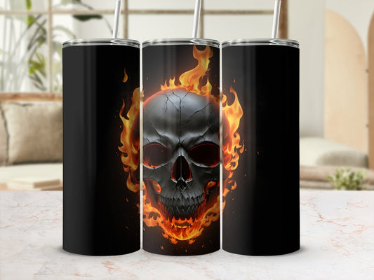 Black tumbler with flaming skull design.