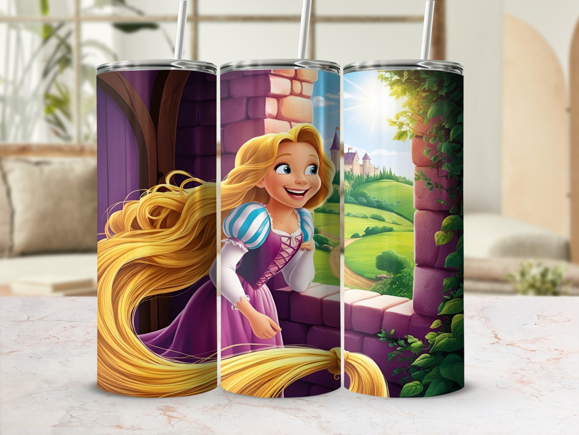 Rapunzel with long blonde hair peeking out of a tower window.