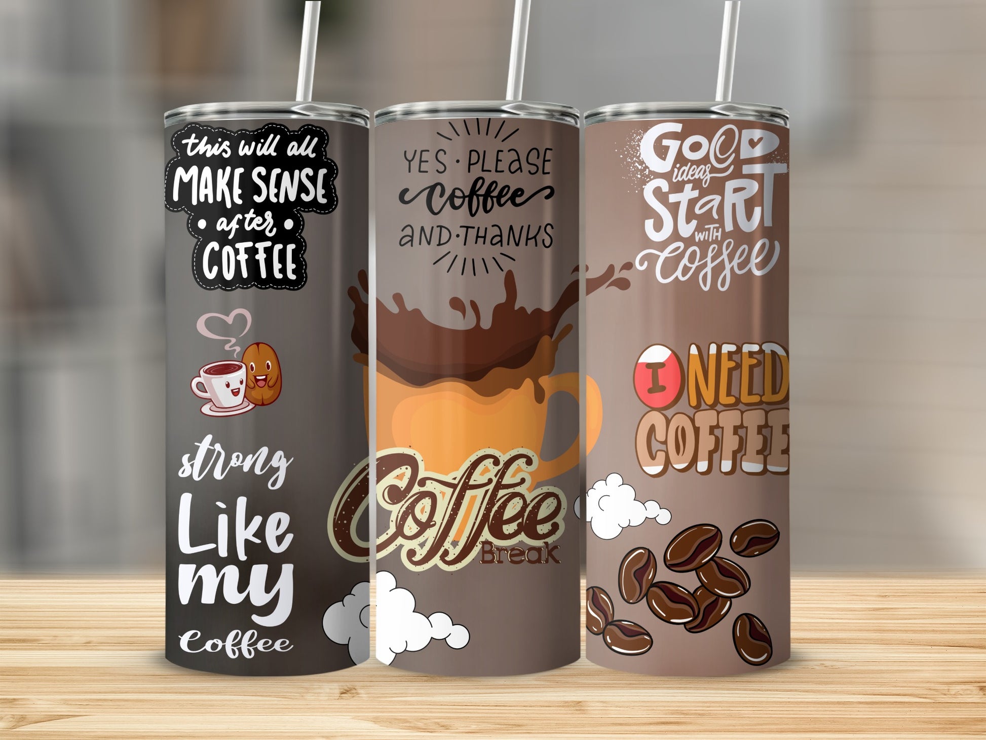 Coffee Lover Themed Tumblers with Fun Quotes and Graphics