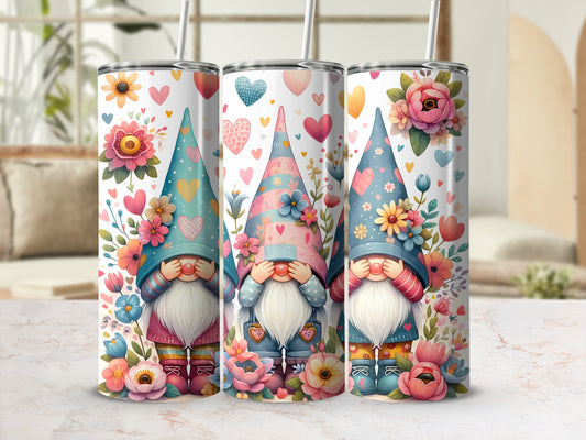 Three gnomes wearing floral hats and holding their hands to their eyes, with hearts and flowers.