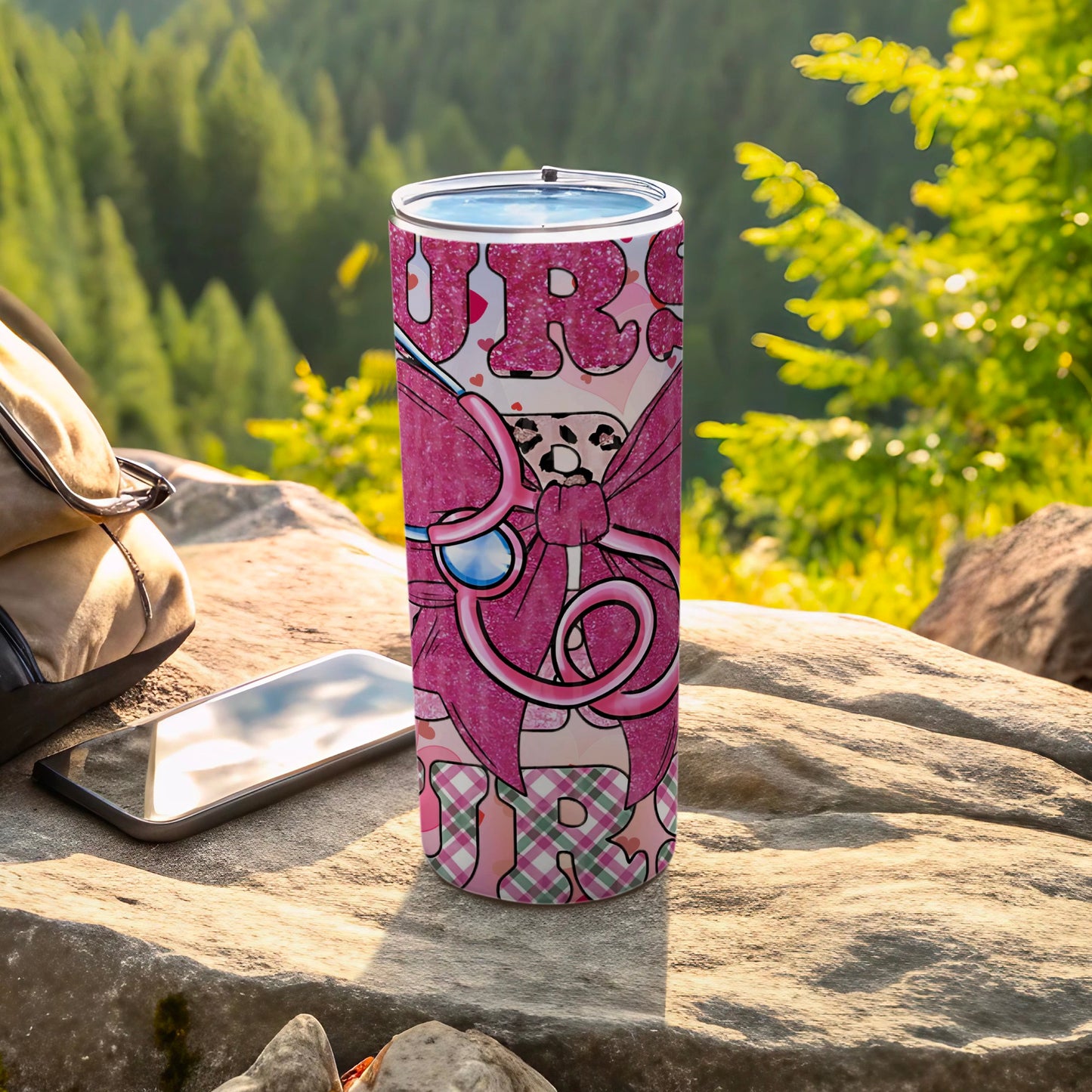 Pink and White Glittery Leopard Ribbon Tumbler