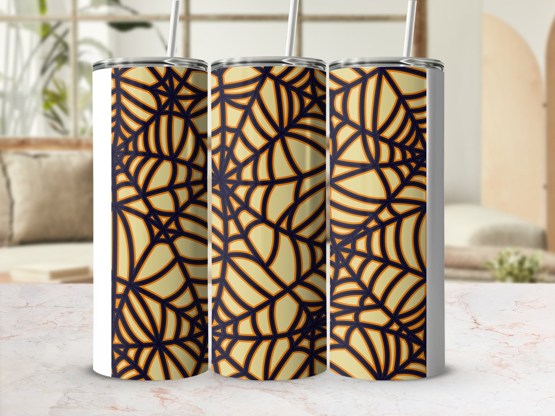 Abstract Spiderweb Pattern Cream Yellow Dark Blue Tumbler product type