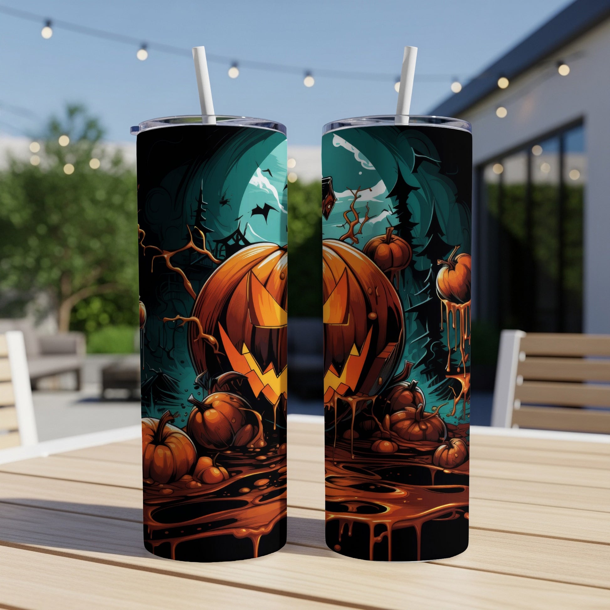 Two tumblers with a Halloween jack-o'-lantern and pumpkin design.