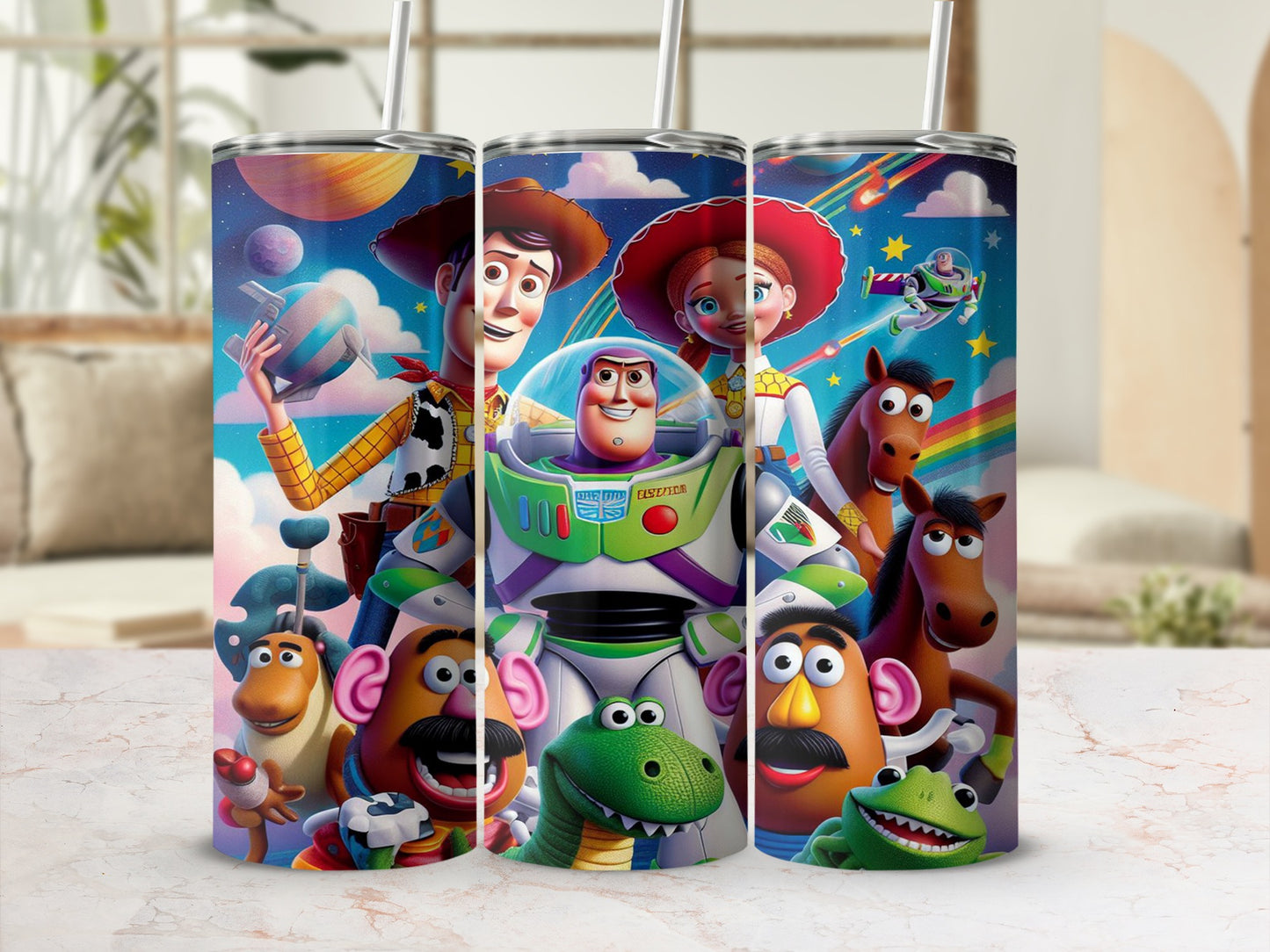 Woody, Buzz Lightyear, Jessie, Mr. Potato Head, Rex, and Bullseye from Toy Story on tumblers.
