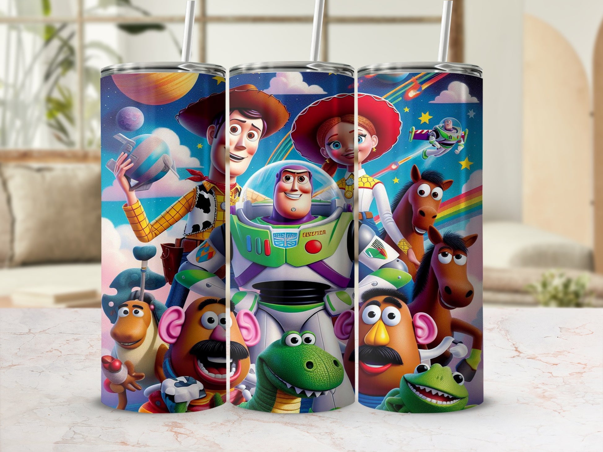 Woody, Buzz Lightyear, Jessie, Mr. Potato Head, Rex, and Bullseye from Toy Story on tumblers.
