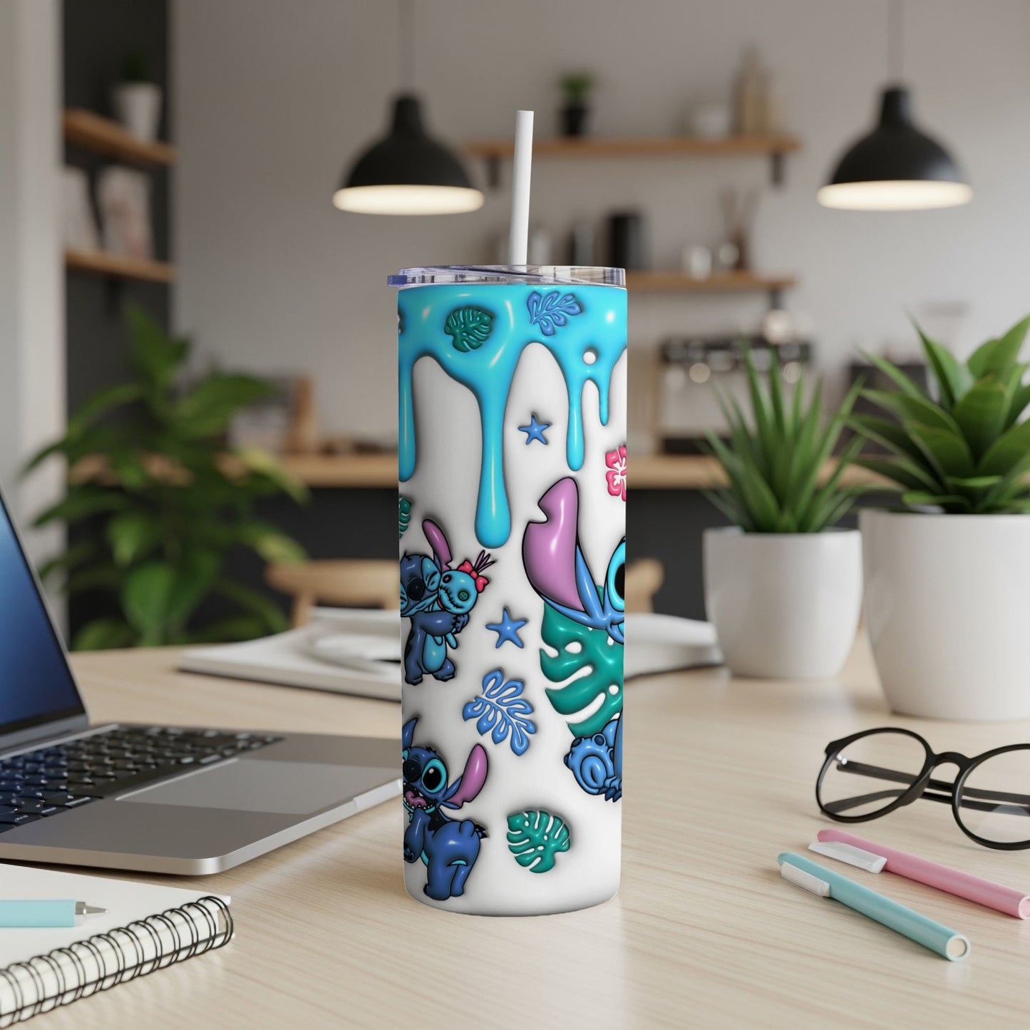 White tumbler with Stitch and floral graphics, straw in lid.