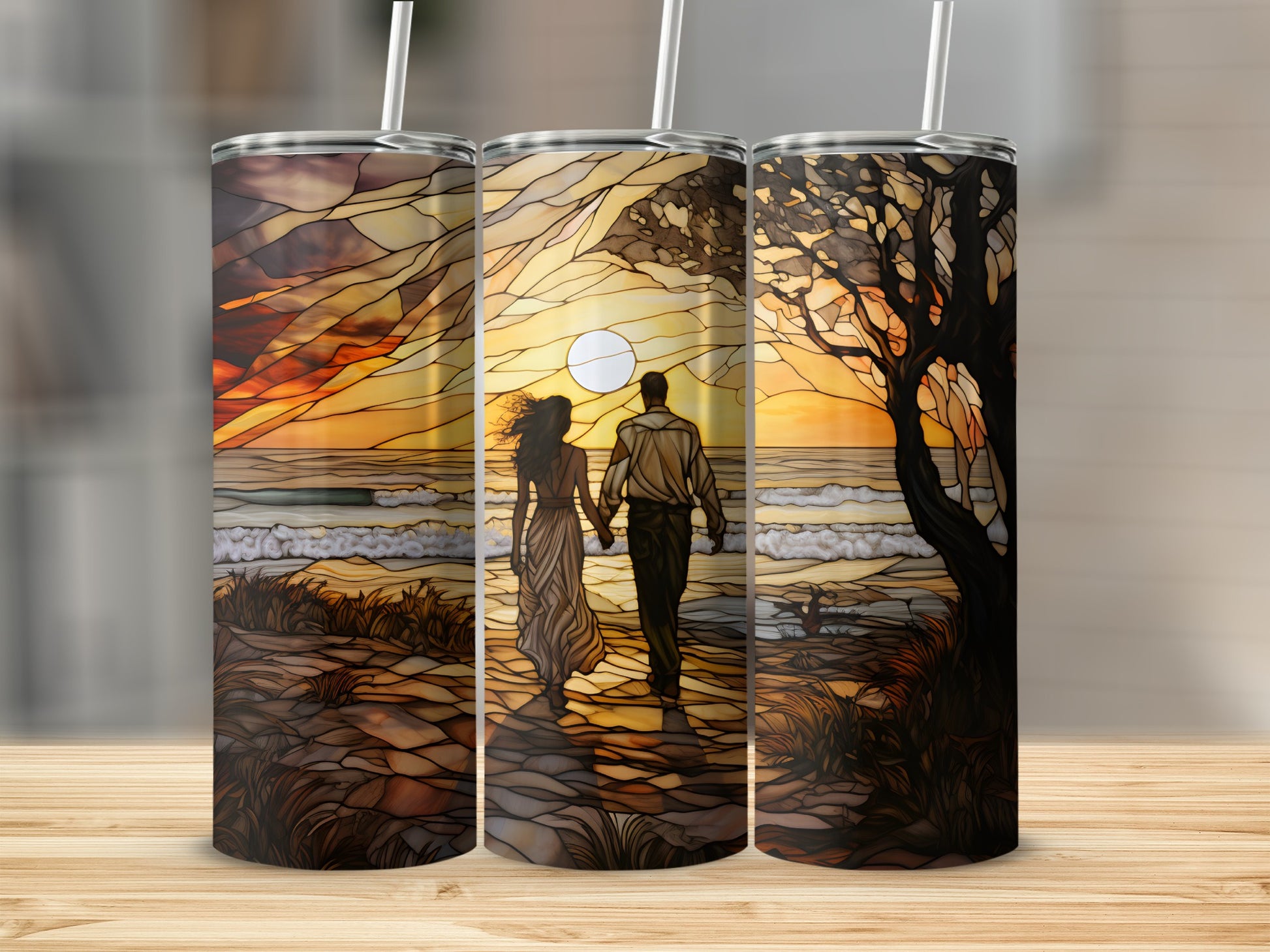 Couple holding hands on beach at sunset, stained glass art design on tumblers.