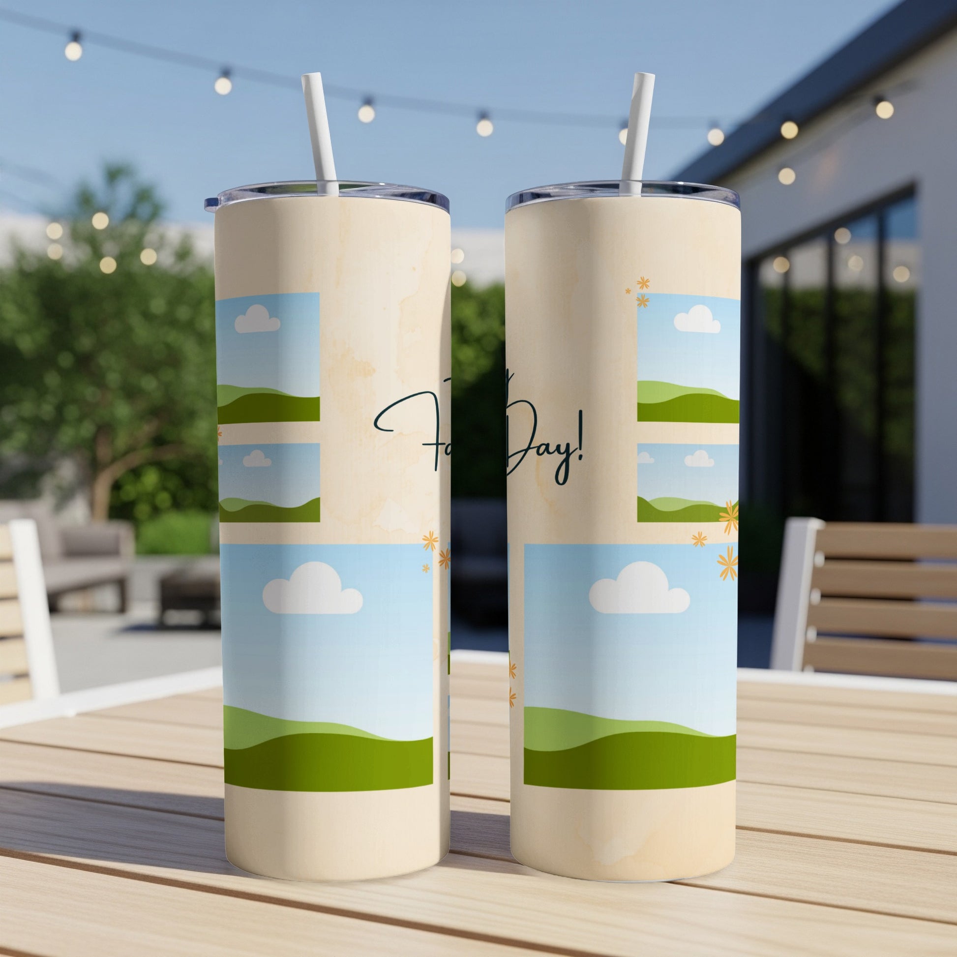 Two tumblers with "For Day!" text and sky, cloud, and rolling green hills graphics.