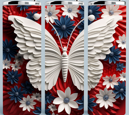 White Butterfly on Red, blue and white flower background