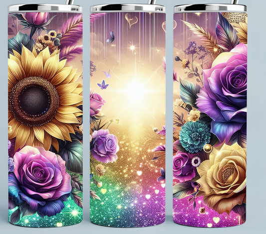 Sunflower Teal, Purple, and yellow tumbler