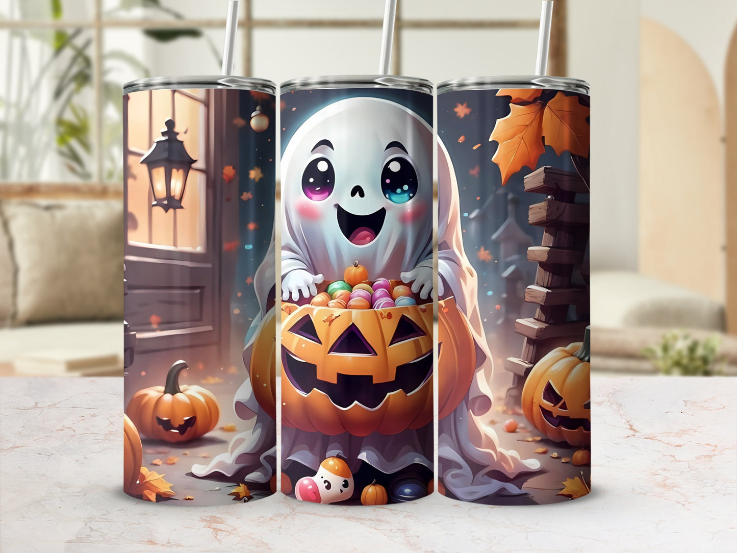 Halloween tumbler with a cute ghost holding a pumpkin full of candy.