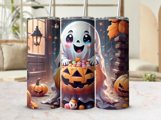 Halloween tumbler with a cute ghost holding a pumpkin full of candy.