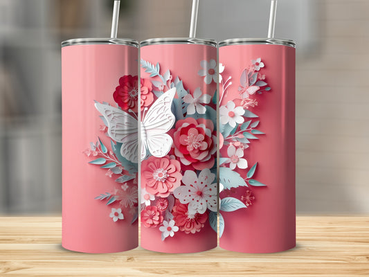 Elegant Pink Flora and Butterfly Stainless Tumbler