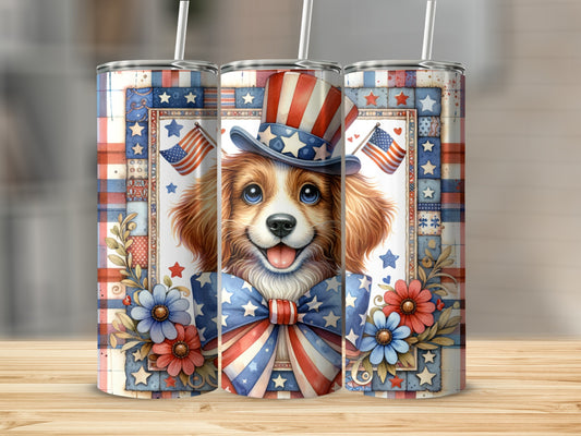 Dog wearing patriotic hat and bow tie, with American flags.