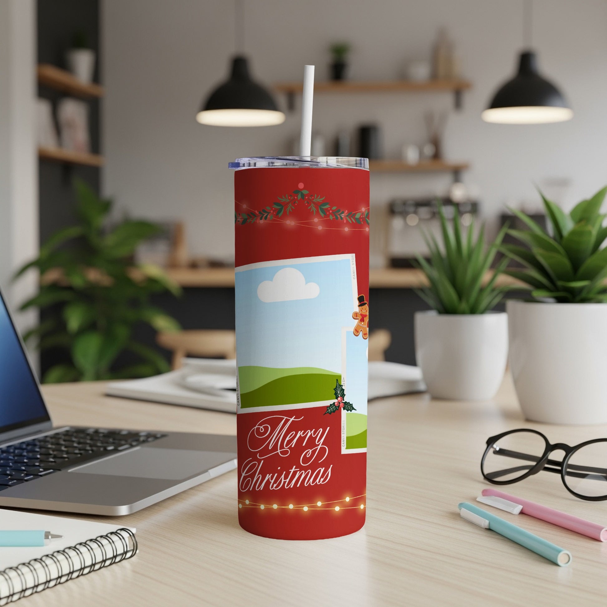 Red tumbler with Christmas imagery, gingerbread man, and "Merry Christmas" text.