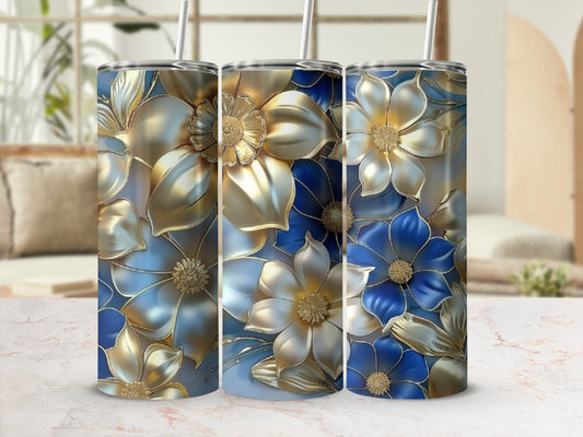 Three floral tumblers with gold and blue petal designs.