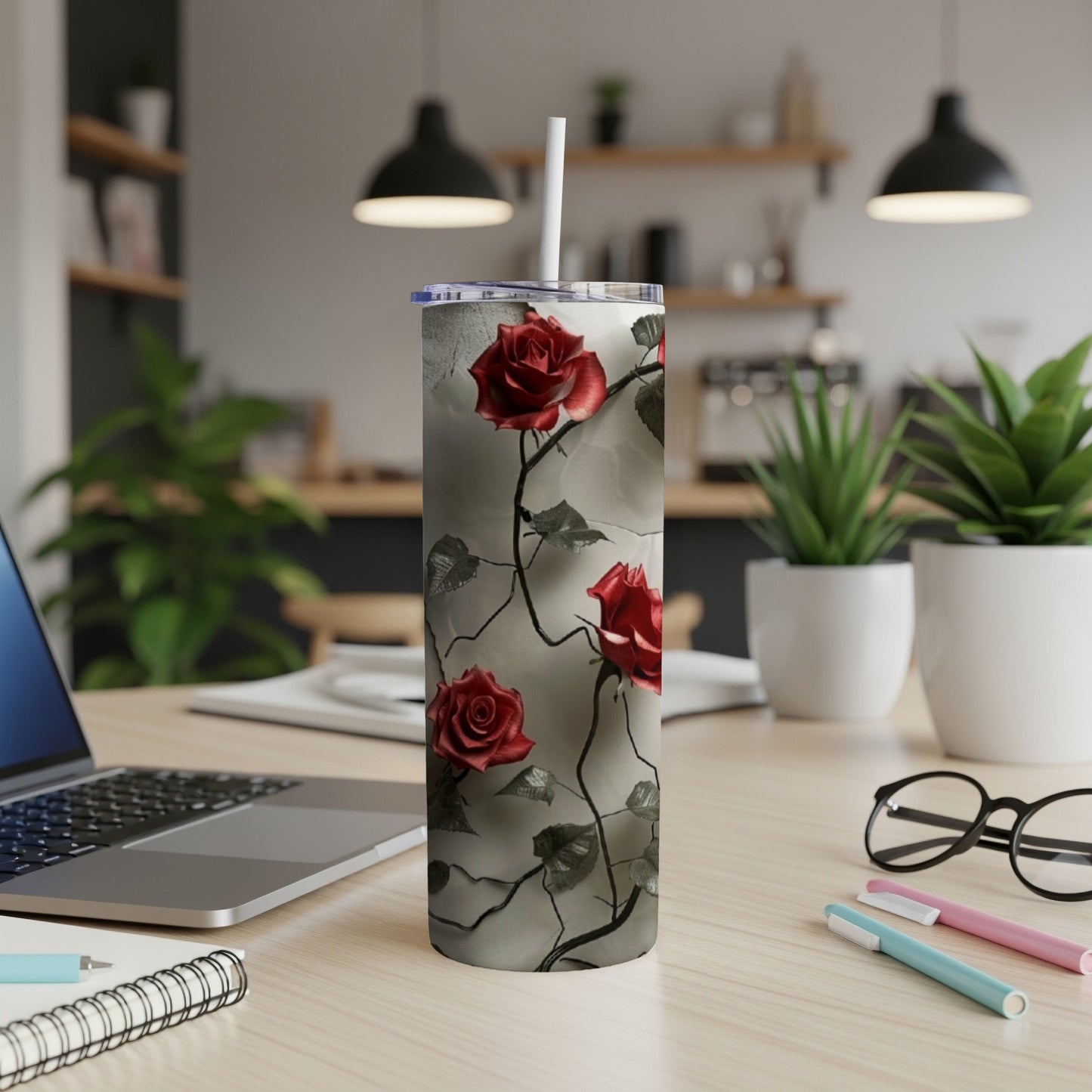 Tall tumbler with red roses and vines pattern.