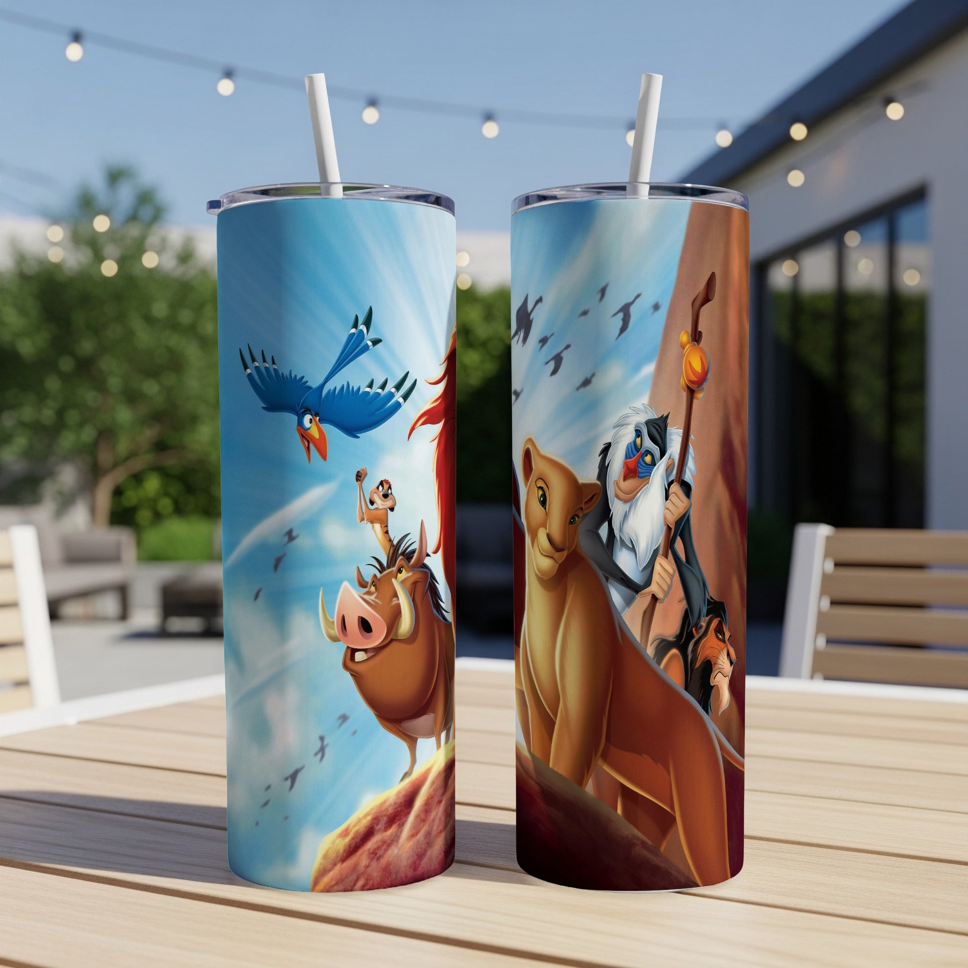 The Lion King characters Simba, Timon, Pumbaa, and Rafiki on a tumbler.