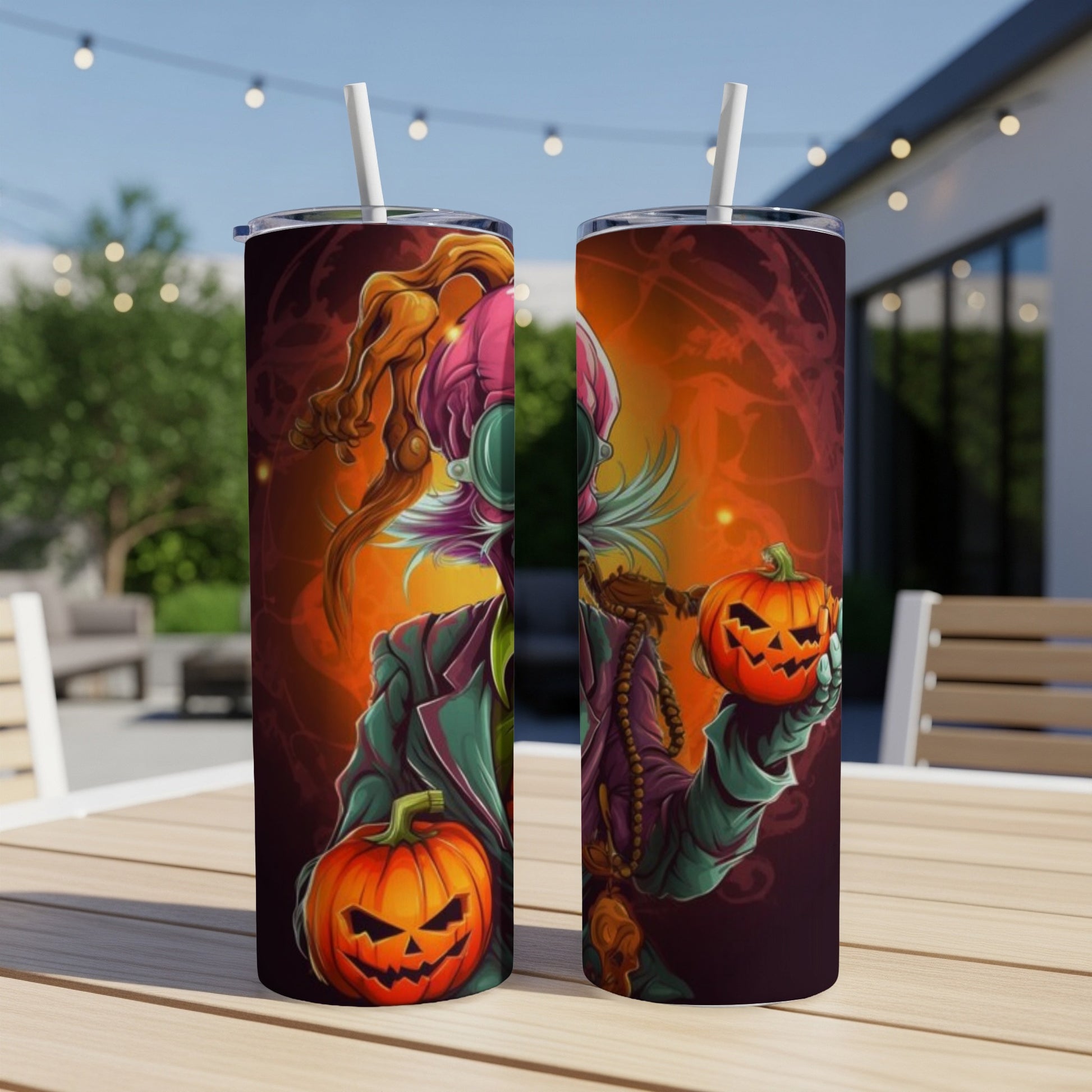 Two tumblers featuring spooky Halloween character artwork with jack-o'-lanterns.