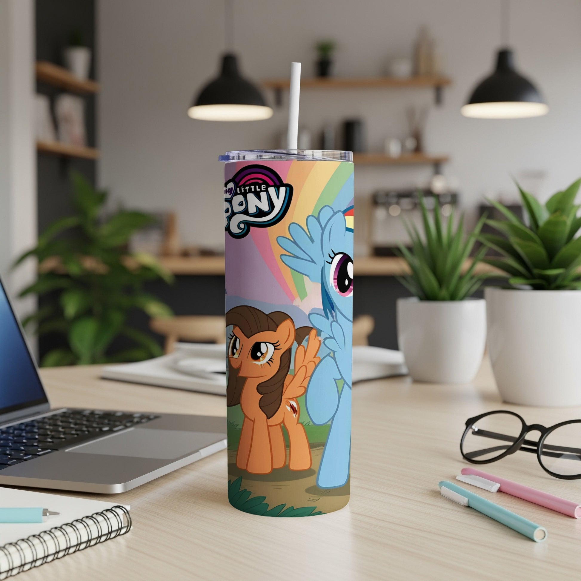 My Little Pony characters Rainbow Dash and Apple Bloom on a colorful tumbler.