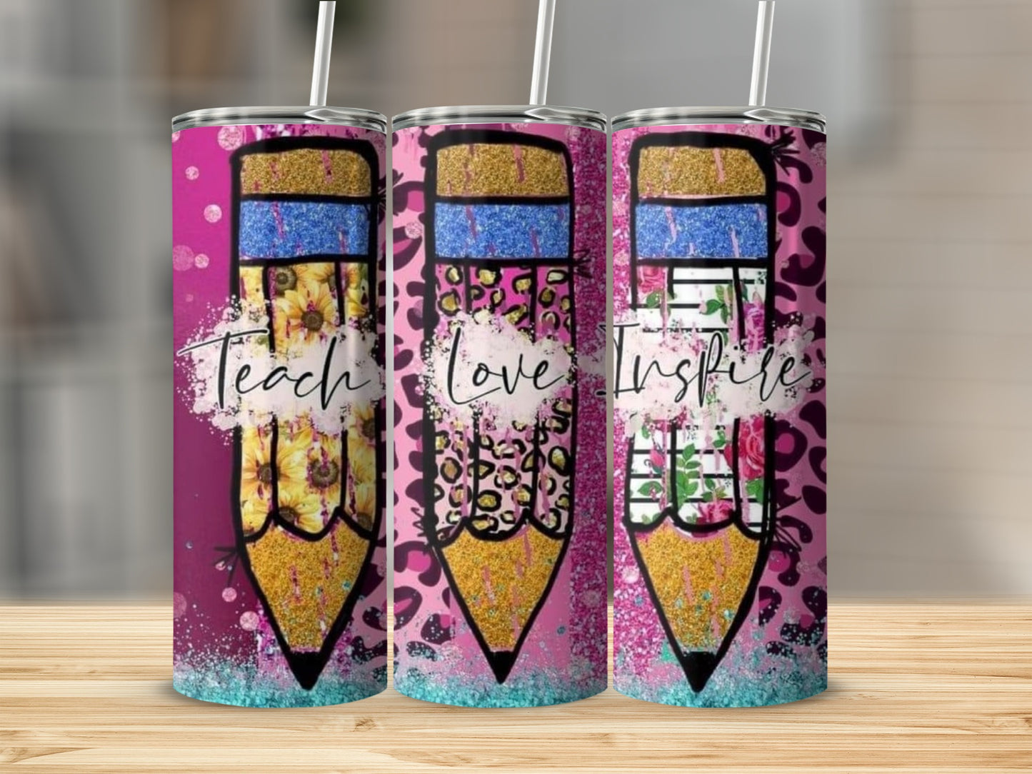 Teach Love Inspire Pencil Theme Colorful Print Tumblers