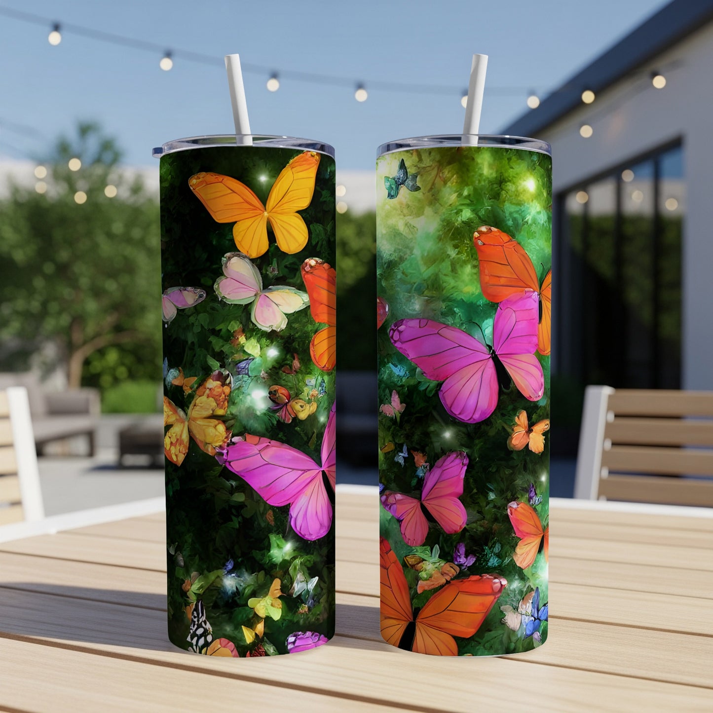 Two tumblers decorated with colorful butterflies and a green, leafy background.